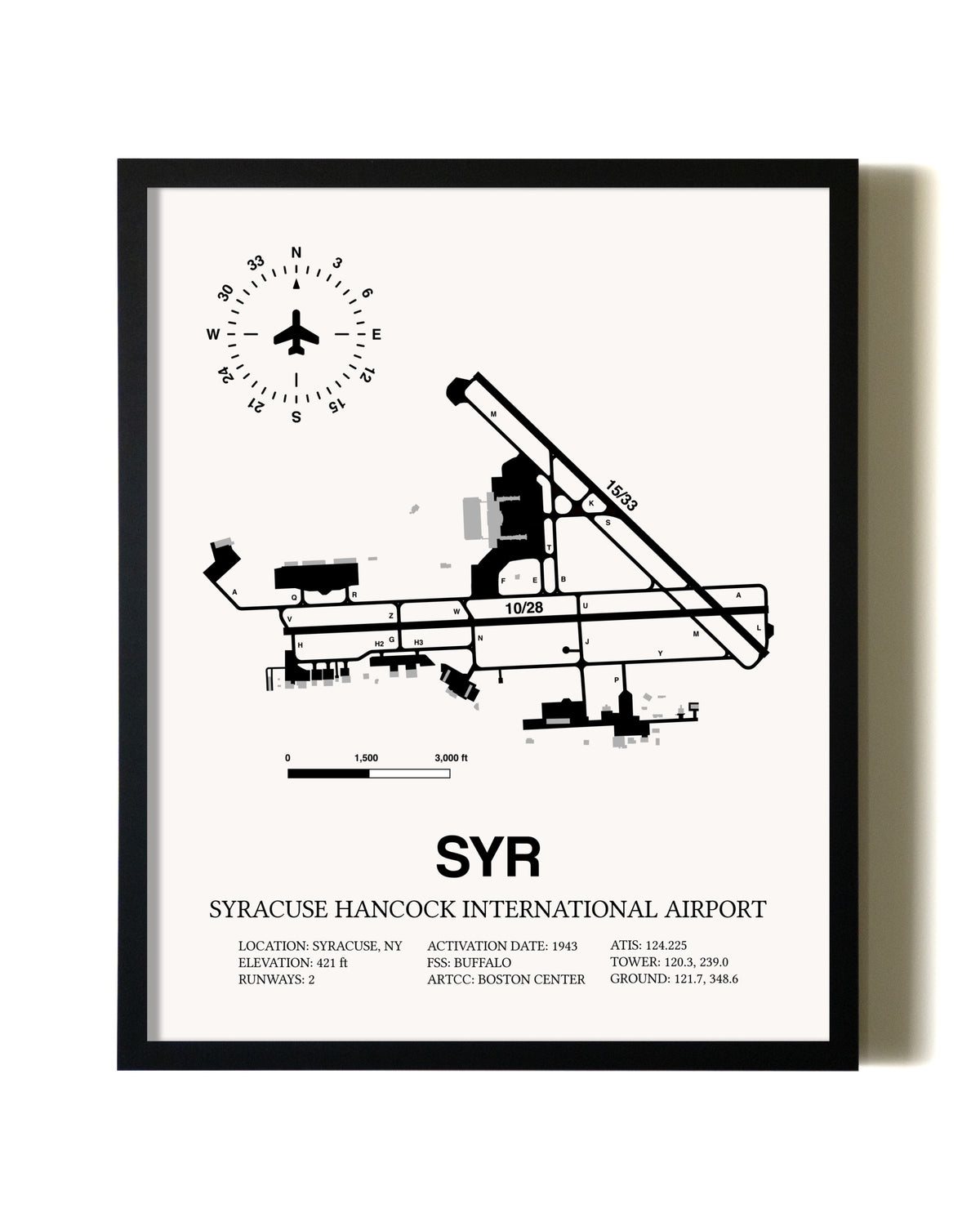 Framed Syracuse Hancock International Airport wall art poster in black frame