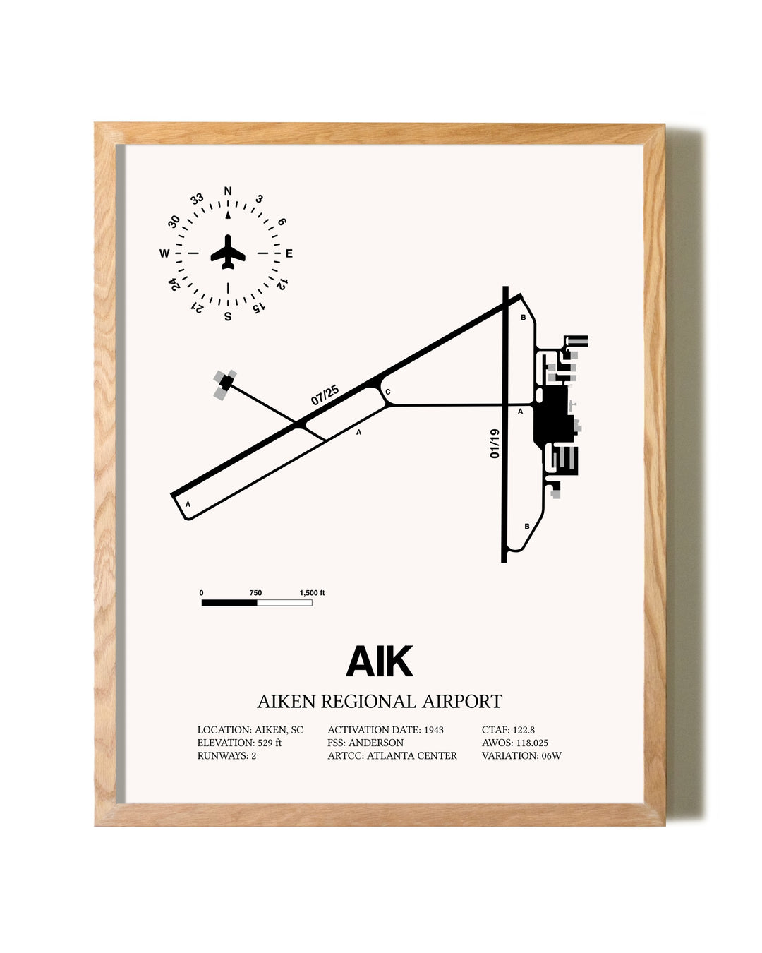 Aiken Regional Airport framed print in natural wood frame