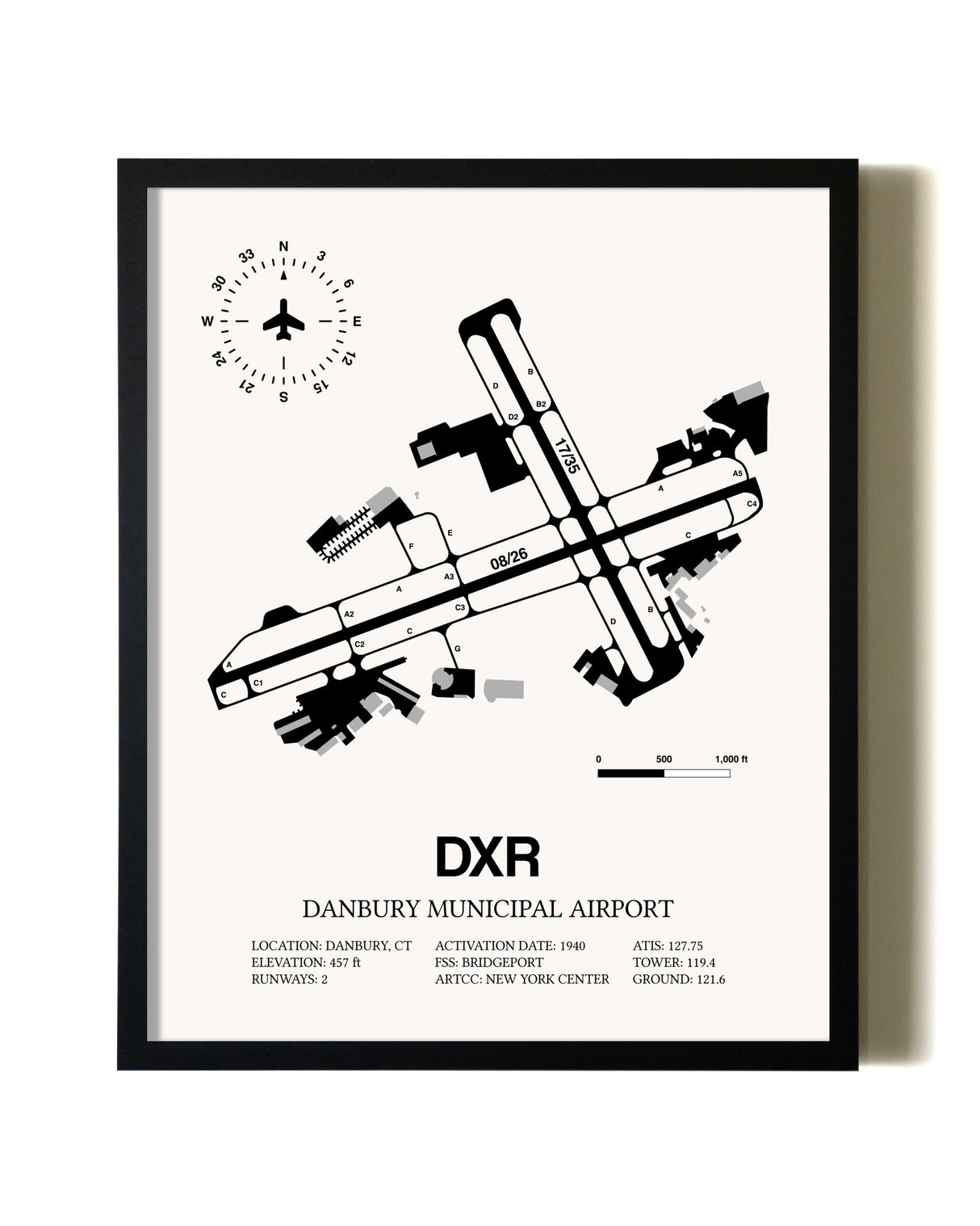 Framed Danbury Municipal Airport wall art poster in black frame
