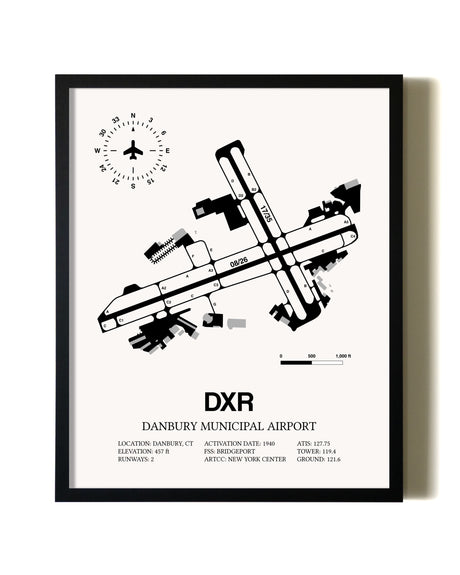 Framed Danbury Municipal Airport wall art poster in black frame
