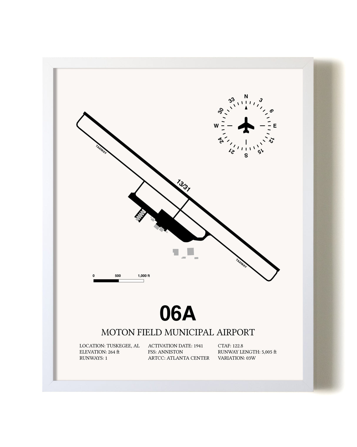 Moton Field Municipal Airport airport map poster in oak frame