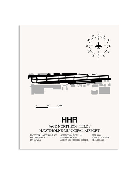 Gray Jack Northrop Field / Hawthorne Municipal Airport framed poster displayed in an airplane hangar