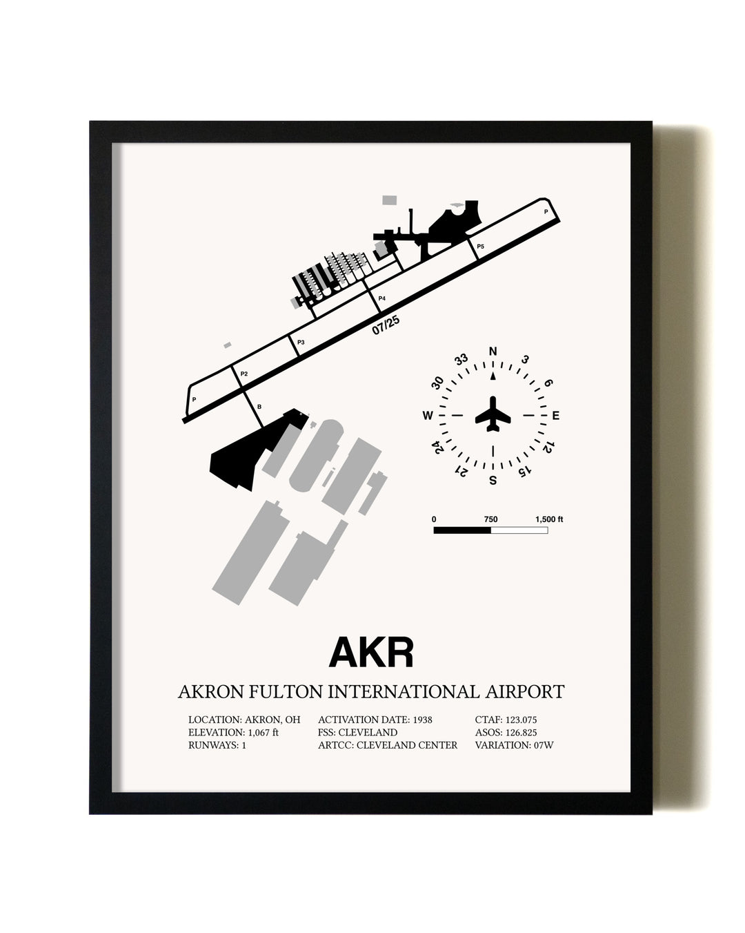 Framed Akron Fulton International Airport wall art poster in black frame