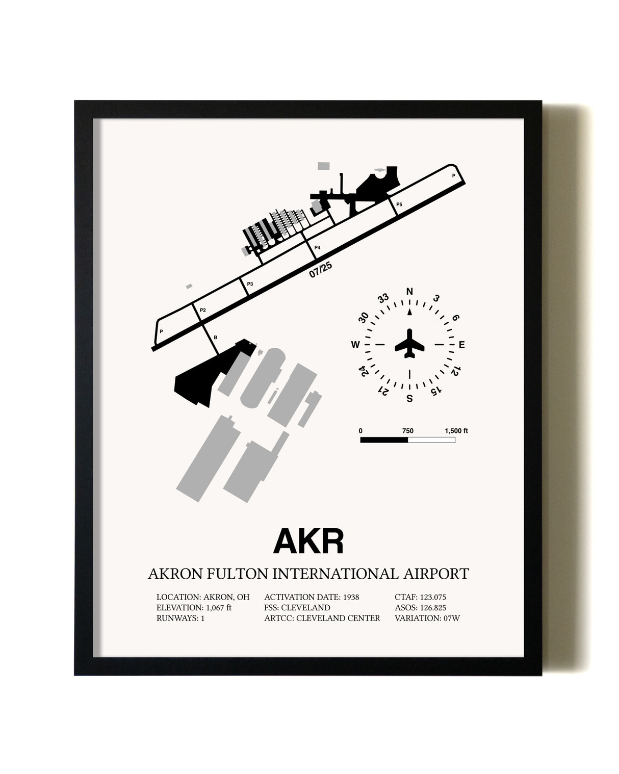 Framed Akron Fulton International Airport wall art poster in black frame