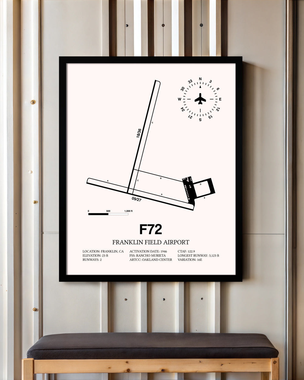 Franklin Field Airport framed poster displayed in an airplane hangar