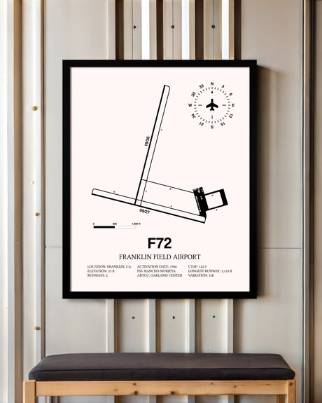 Franklin Field Airport framed poster displayed in an airplane hangar