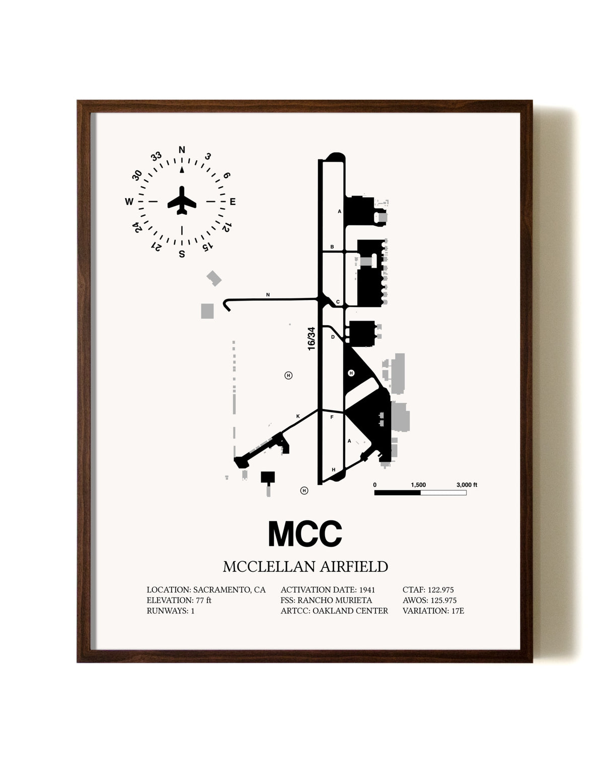 McClellan Airfield aviation print in walnut frame