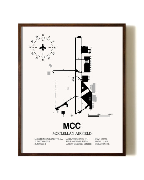 McClellan Airfield aviation print in walnut frame