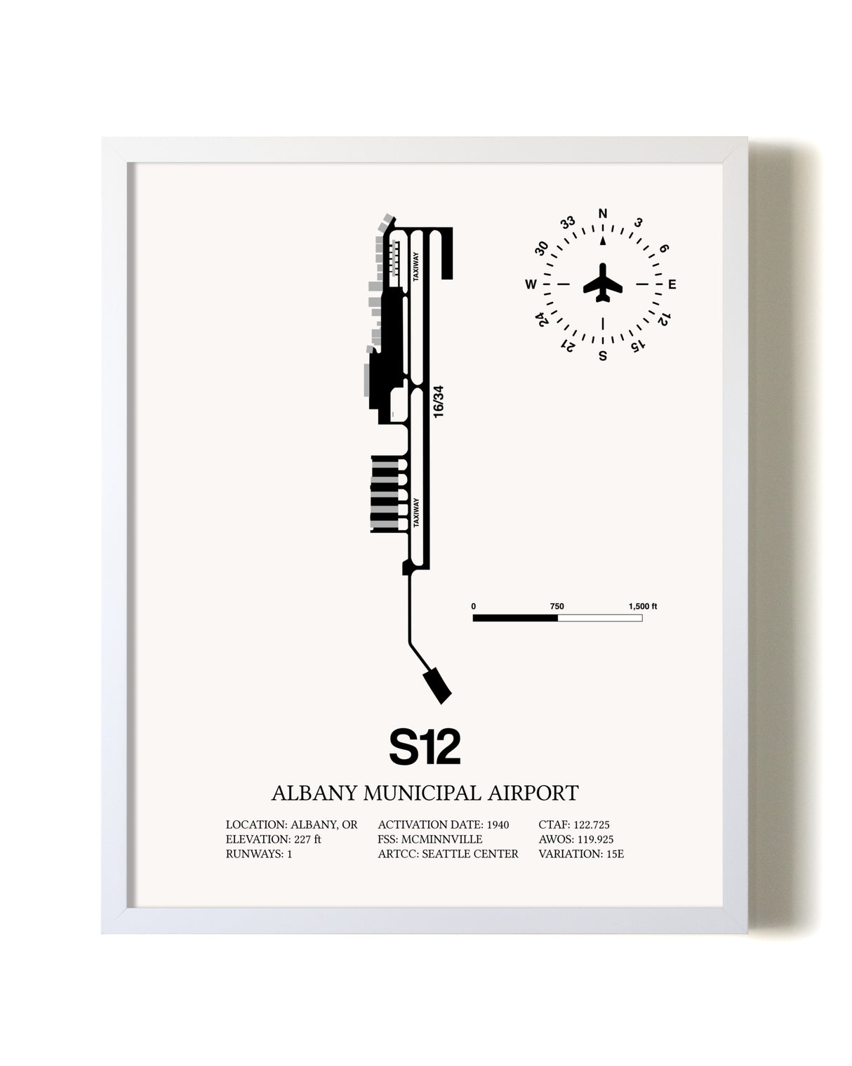 Albany Municipal Airport airport map poster in oak frame