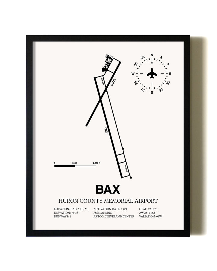 Framed Huron County Memorial Airport wall art poster in black frame