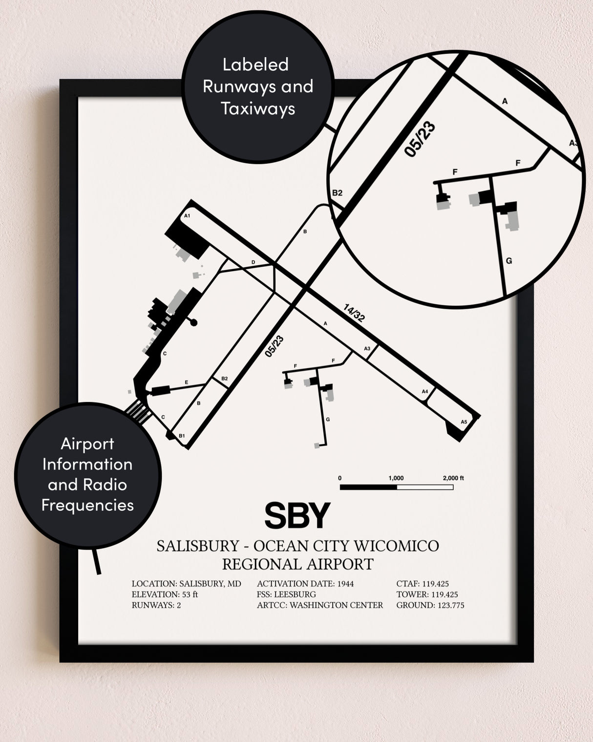 Framed Salisbury-Ocean City Wicomico Regional Airport layout wall art poster