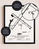 Framed Salisbury-Ocean City Wicomico Regional Airport layout wall art poster