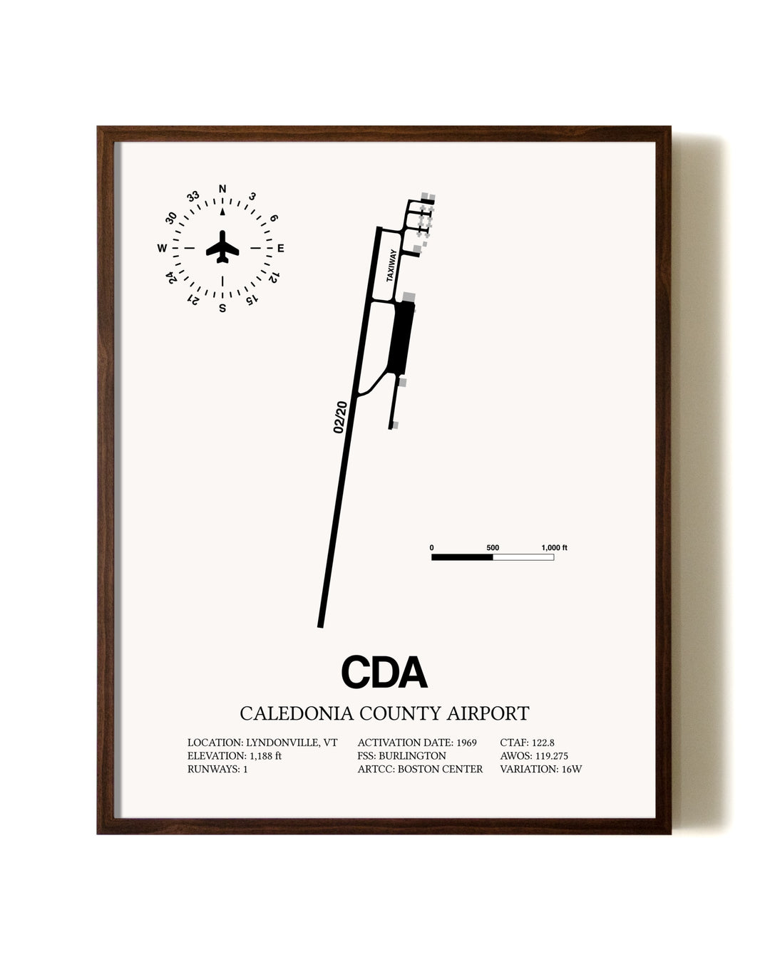 Caledonia County Airport aviation print in walnut frame