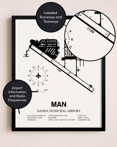 Framed Nampa Municipal Airport layout wall art poster