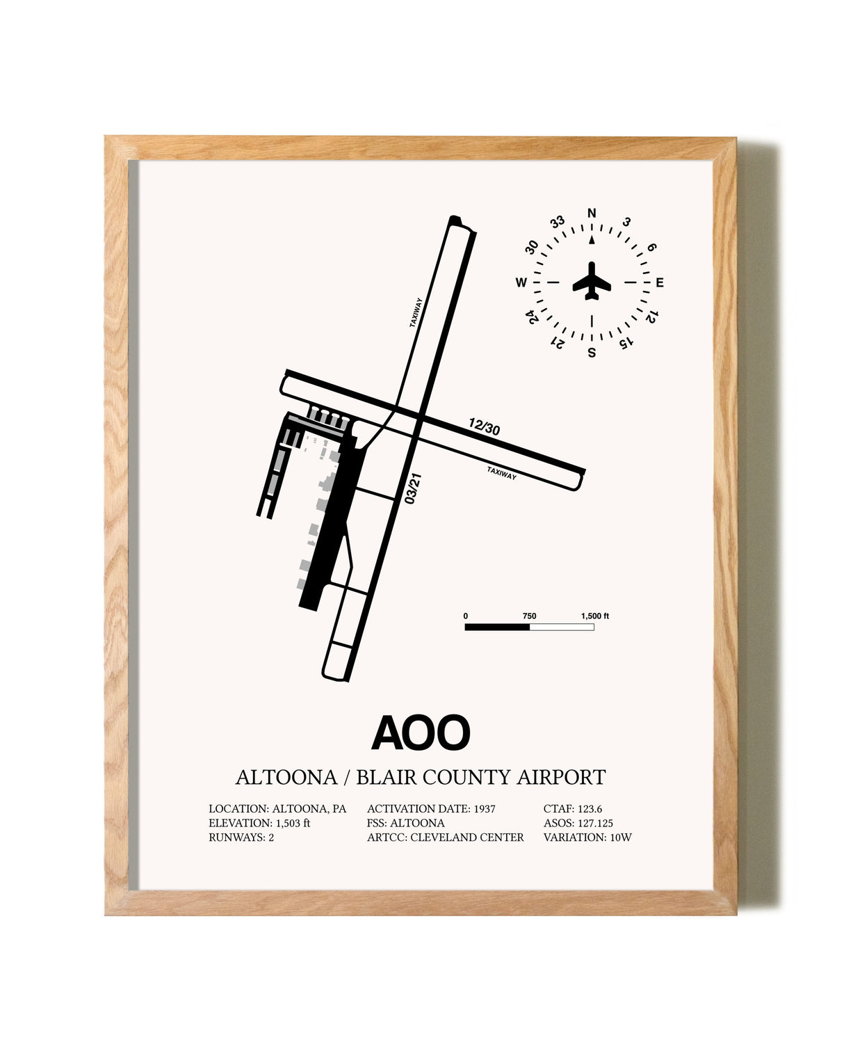 Altoona / Blair County Airport framed print in natural wood frame