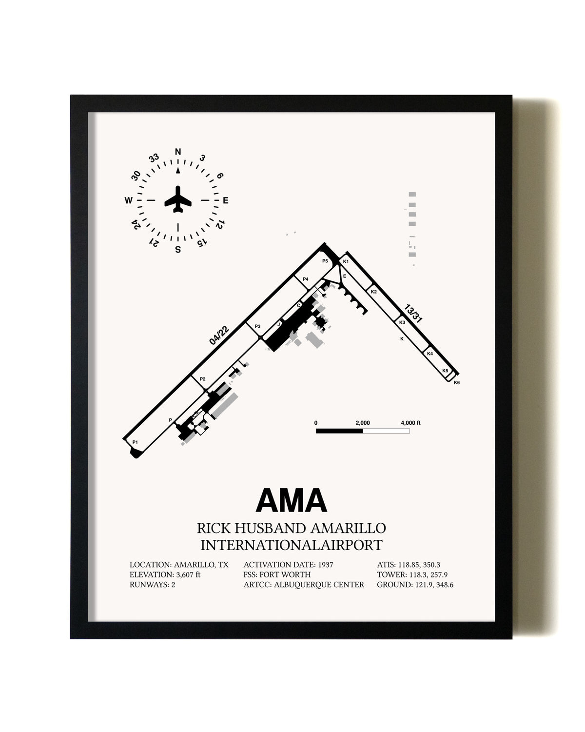 Framed Rick Husband Amarillo International Airport wall art poster in black frame