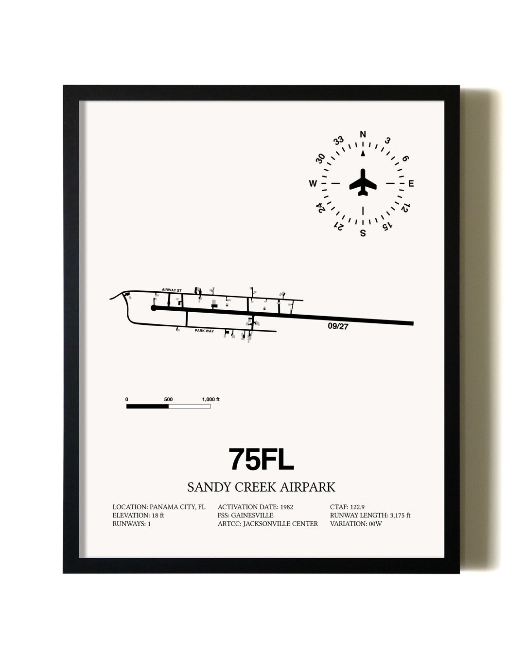 Framed Sandy Creek Airpark wall art poster in black frame
