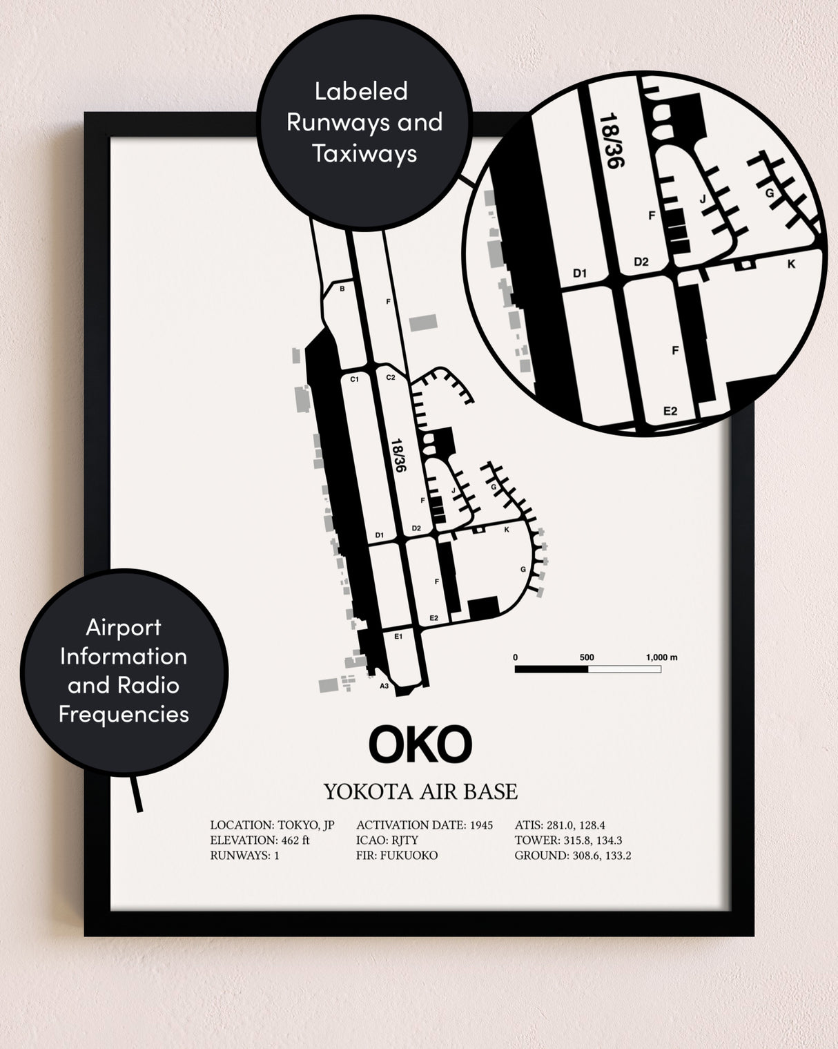 Framed Yokota Air Base layout wall art poster