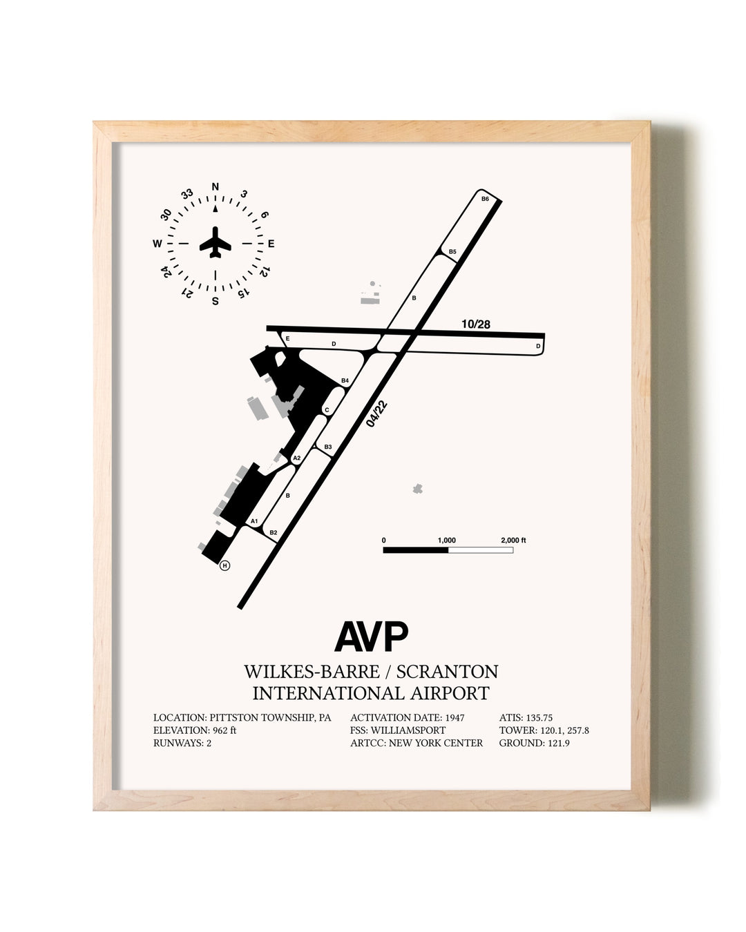 Wilkes-Barre / Scranton International Airport framed wall art in white frame