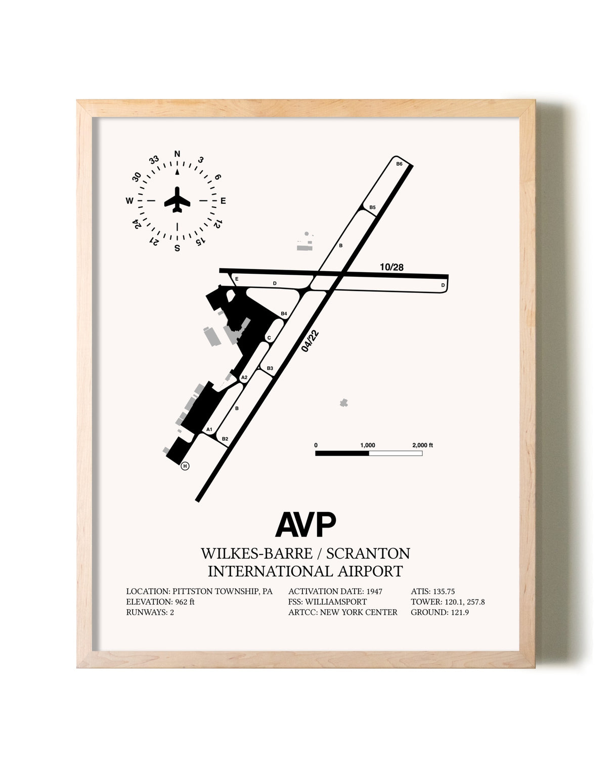 Wilkes-Barre / Scranton International Airport framed wall art in white frame
