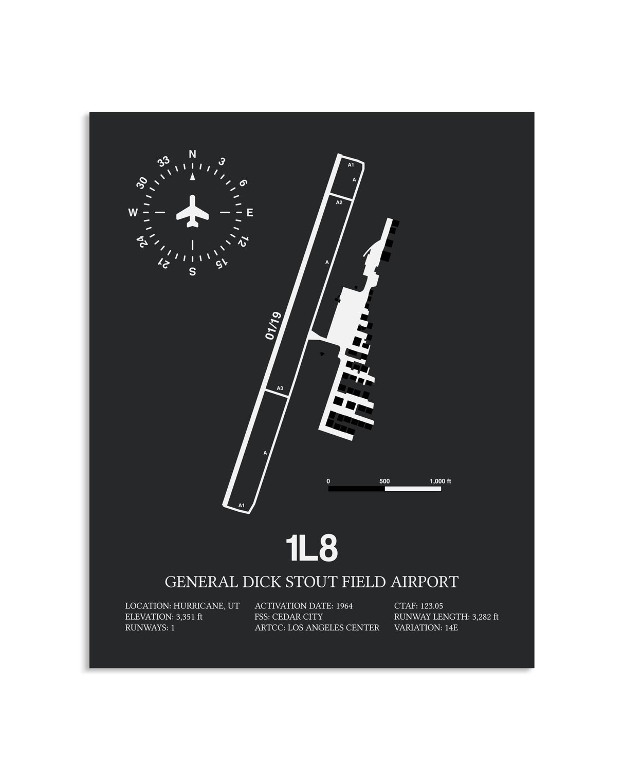 Gray Framed General Dick Stout Field Airport layout wall art poster