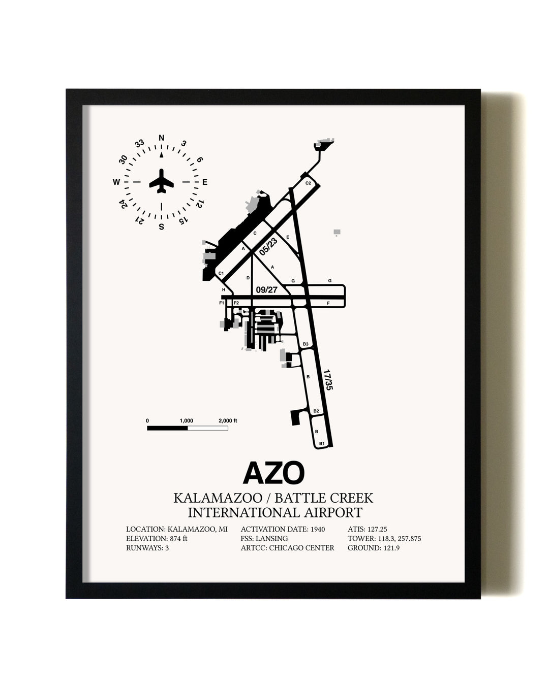 Framed Kalamazoo / Battle Creek International Airport wall art poster in black frame