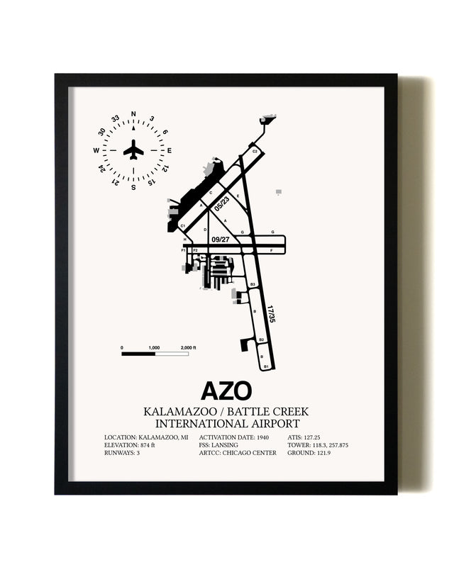 Framed Kalamazoo / Battle Creek International Airport wall art poster in black frame