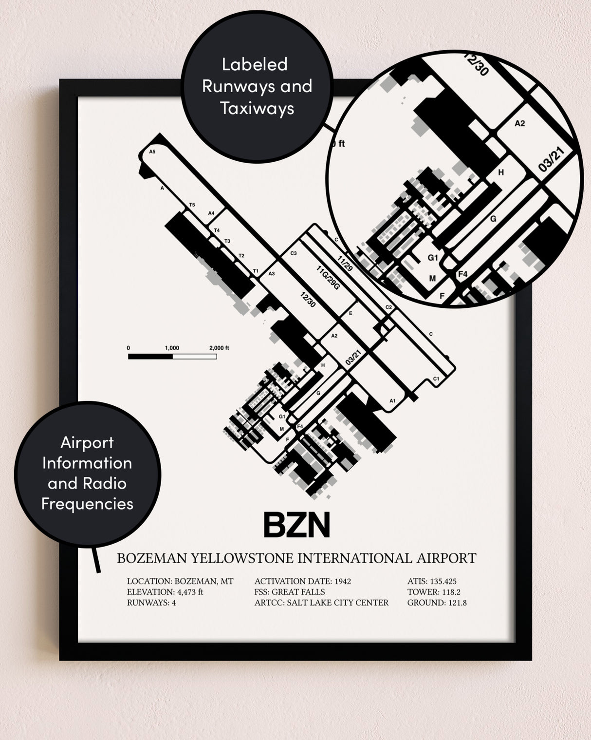 Framed Bozeman Yellowstone International Airport layout wall art poster