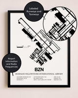 Framed Bozeman Yellowstone International Airport layout wall art poster