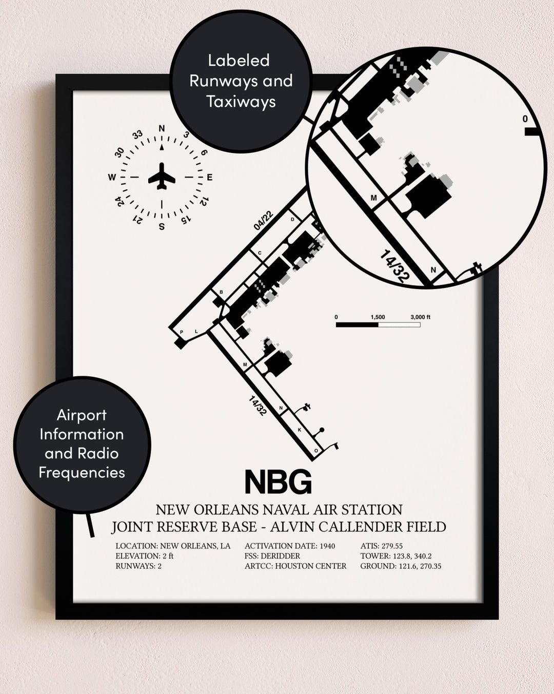 Framed New Orleans Naval Air Station Joint Reserve Base-Alvin Callender Field layout wall art poster