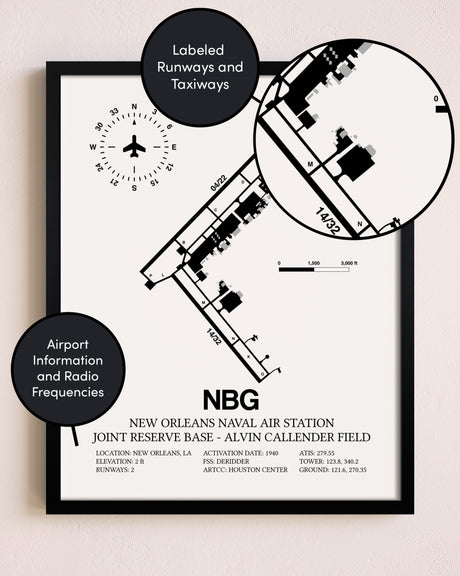 Framed New Orleans Naval Air Station Joint Reserve Base-Alvin Callender Field layout wall art poster