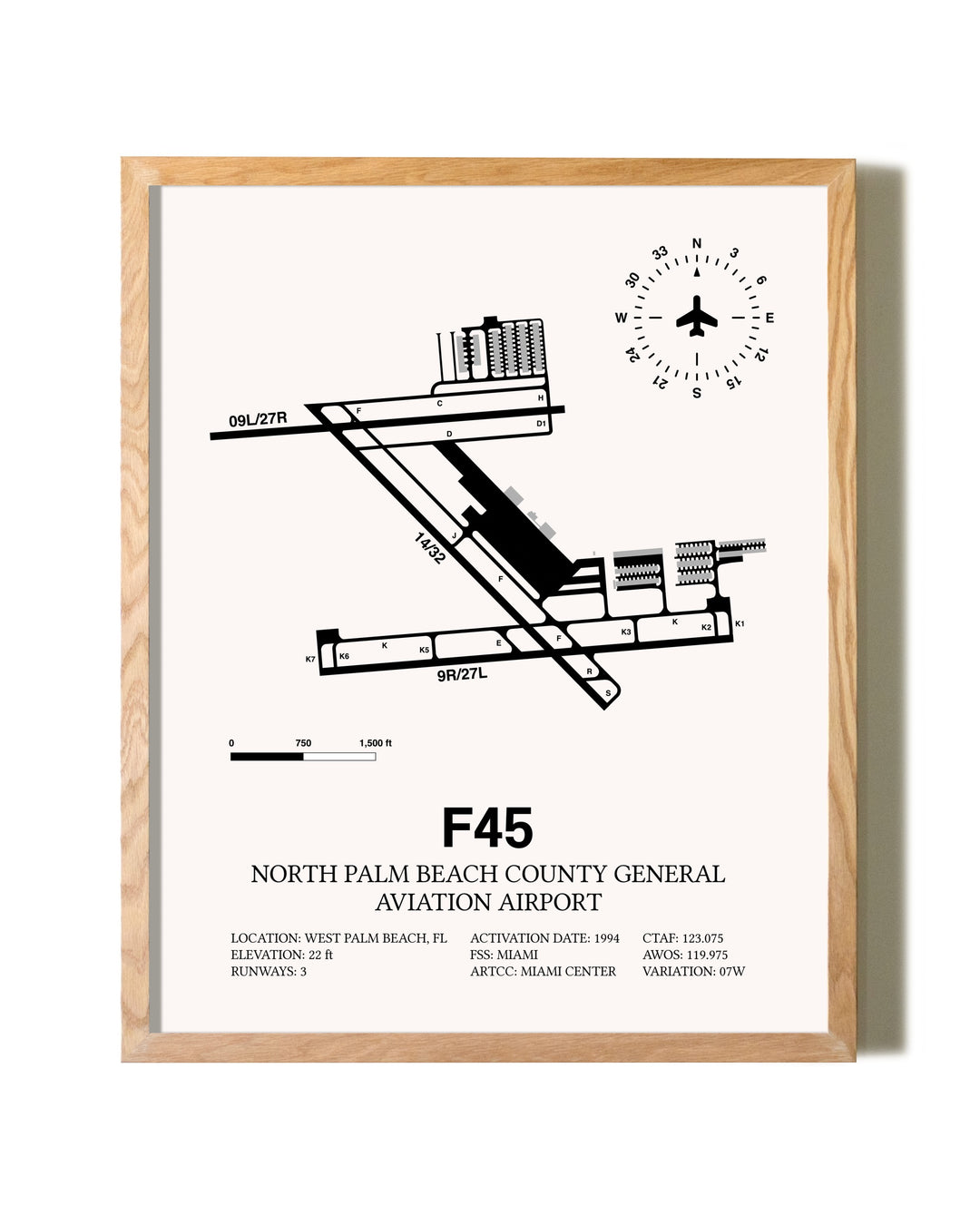 North Palm Beach County General Aviation Airport framed print in natural wood frame
