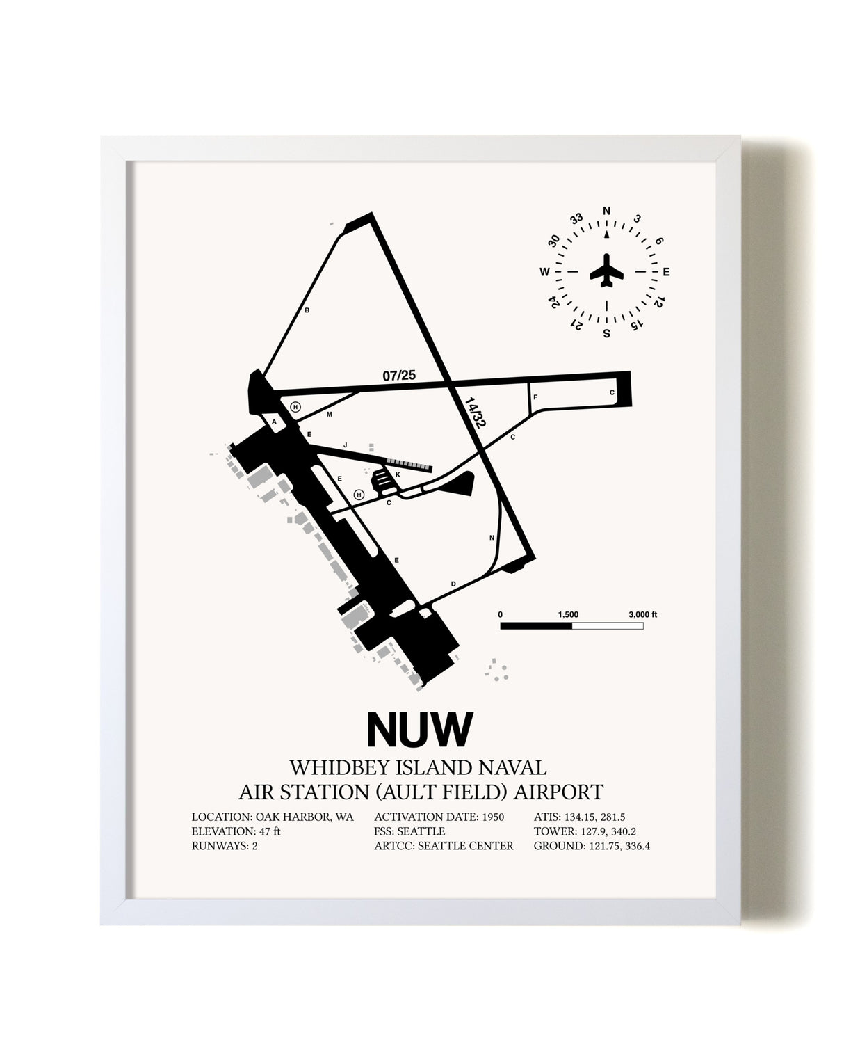 Whidbey Island Naval Air Station (Ault Field) Airport airport map poster in oak frame
