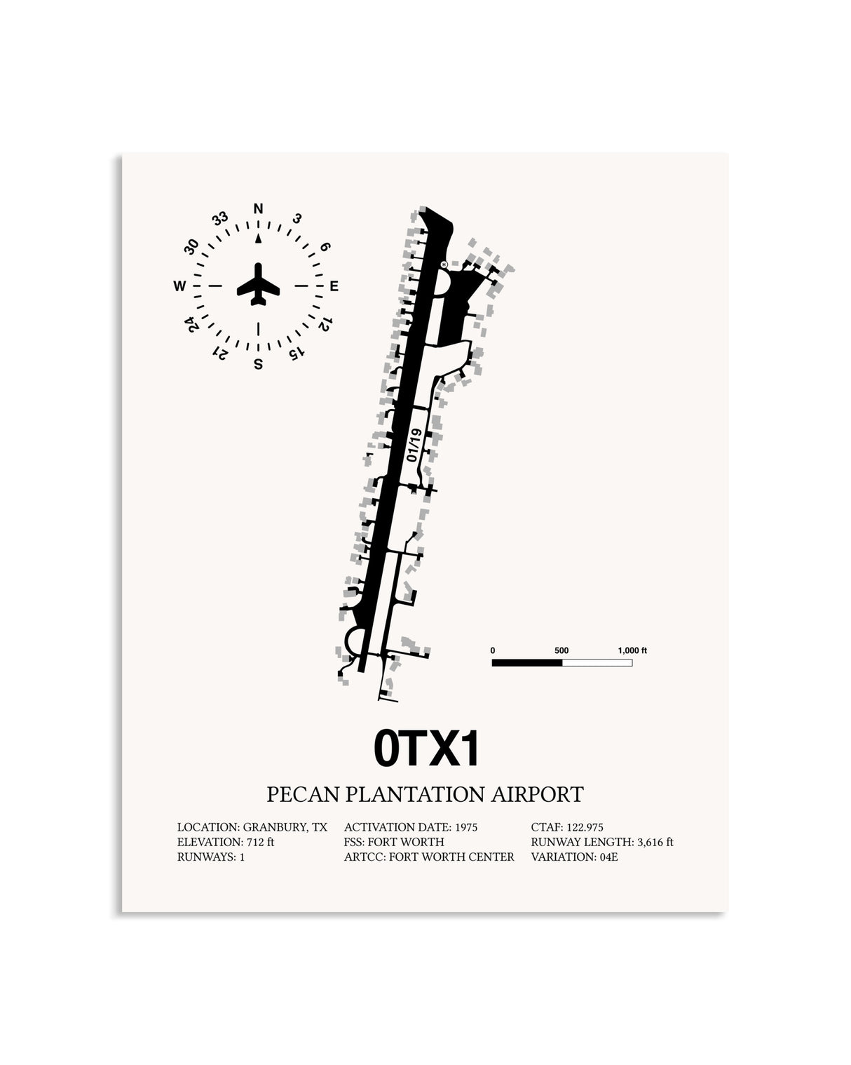 Gray Pecan Plantation Airport framed poster displayed in an airplane hangar