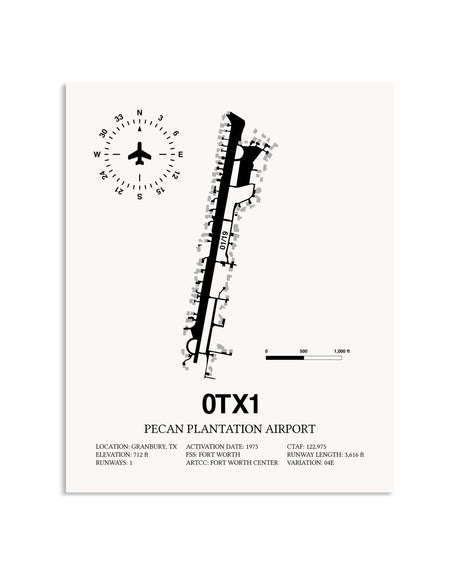 Gray Pecan Plantation Airport framed poster displayed in an airplane hangar