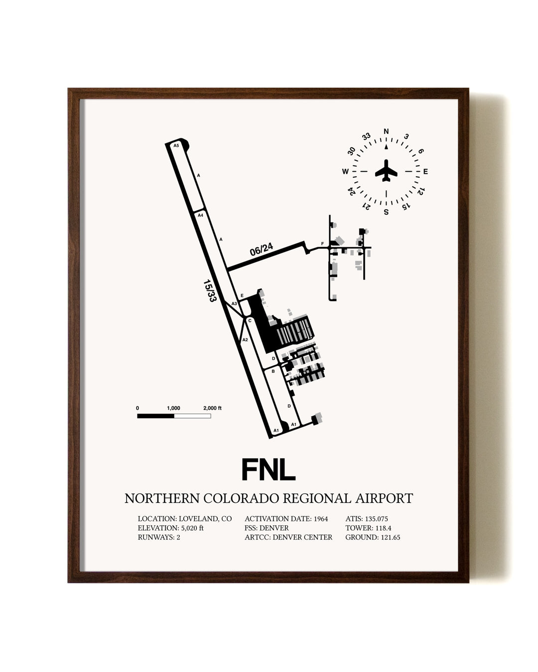 Northern Colorado Regional Airport aviation print in walnut frame