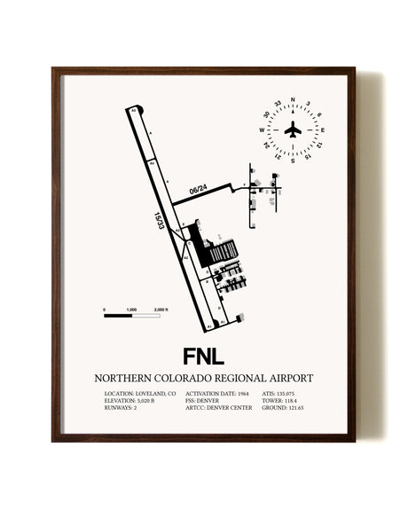 Northern Colorado Regional Airport aviation print in walnut frame