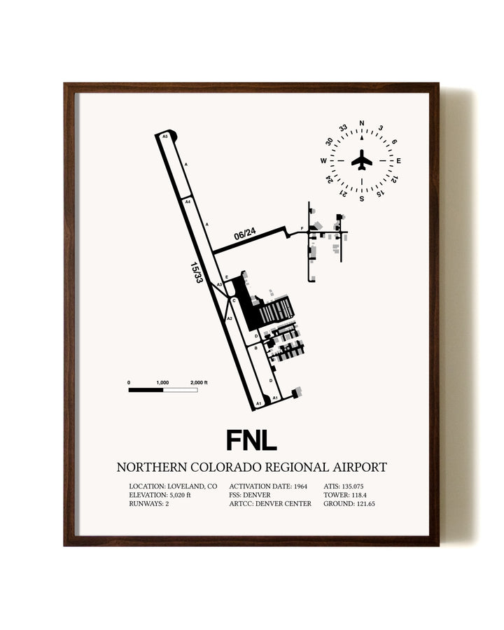 Northern Colorado Regional Airport aviation print in walnut frame