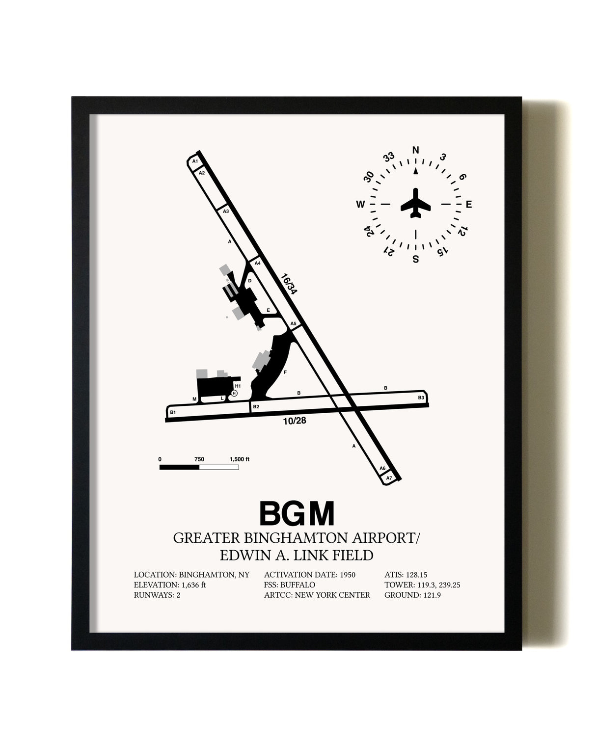 Framed Greater Binghamton Airport / Edwin A. Link Field wall art poster in black frame