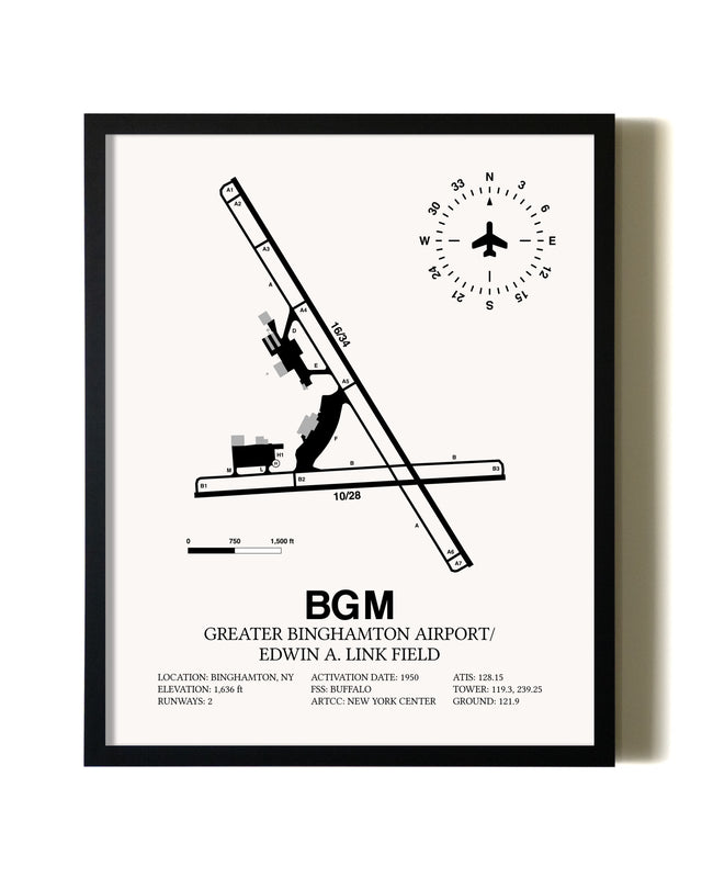 Framed Greater Binghamton Airport / Edwin A. Link Field wall art poster in black frame