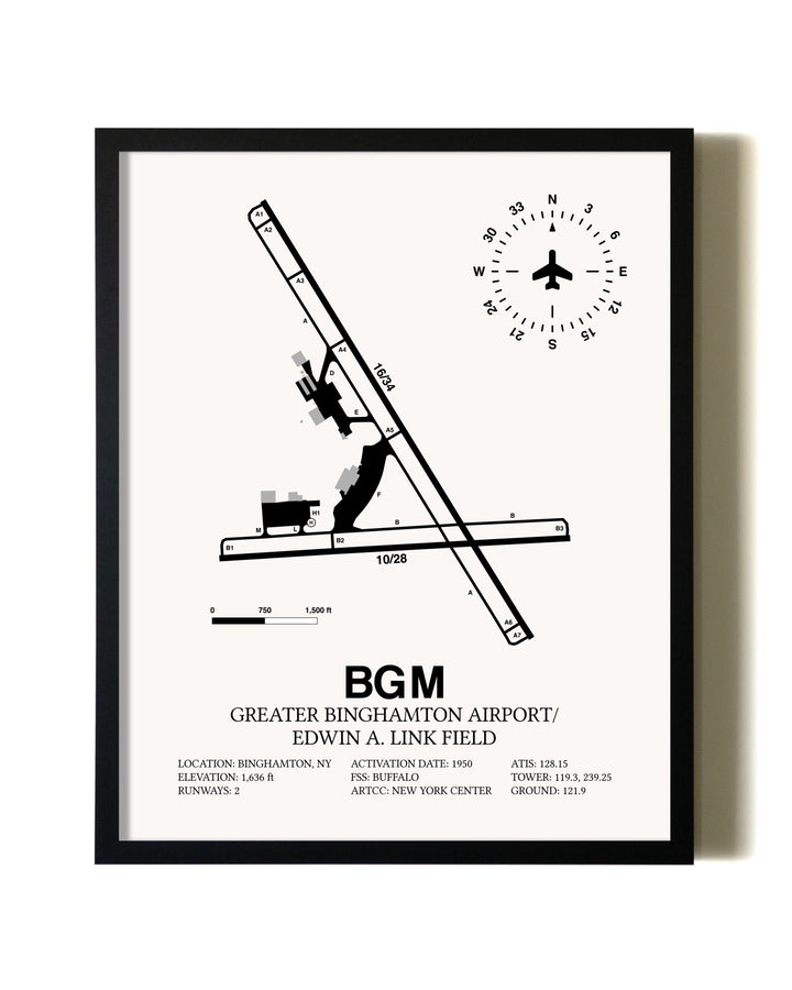 Framed Greater Binghamton Airport / Edwin A. Link Field wall art poster in black frame