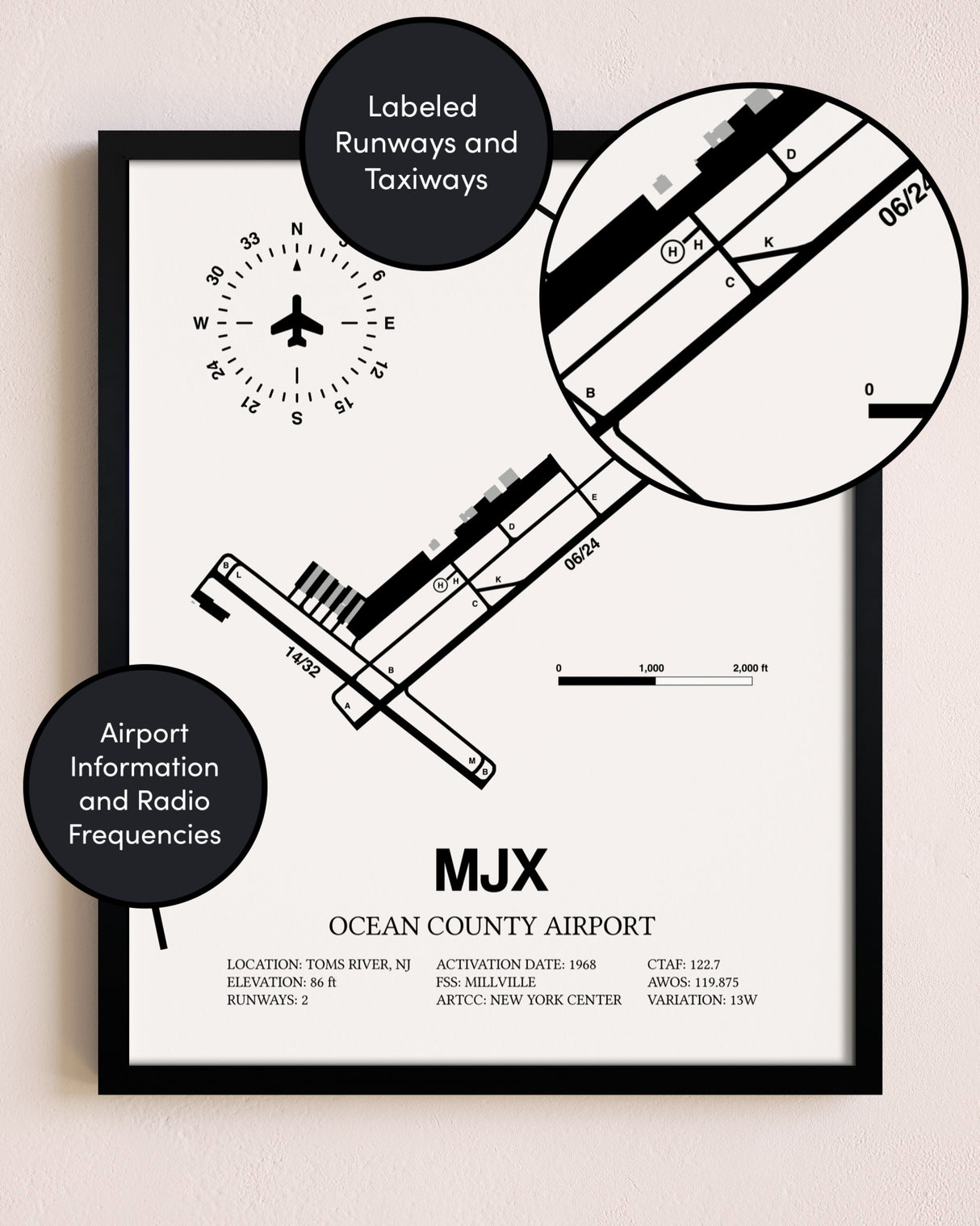Framed Ocean County Airport layout wall art poster