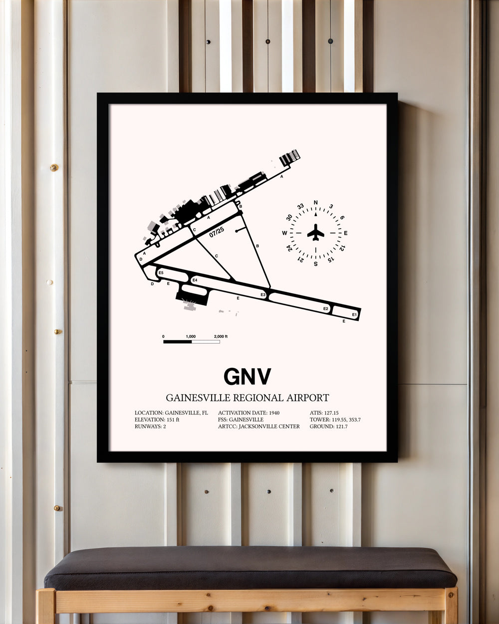Gainesville Regional Airport framed poster displayed in an airplane hangar
