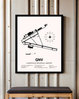 Gainesville Regional Airport framed poster displayed in an airplane hangar