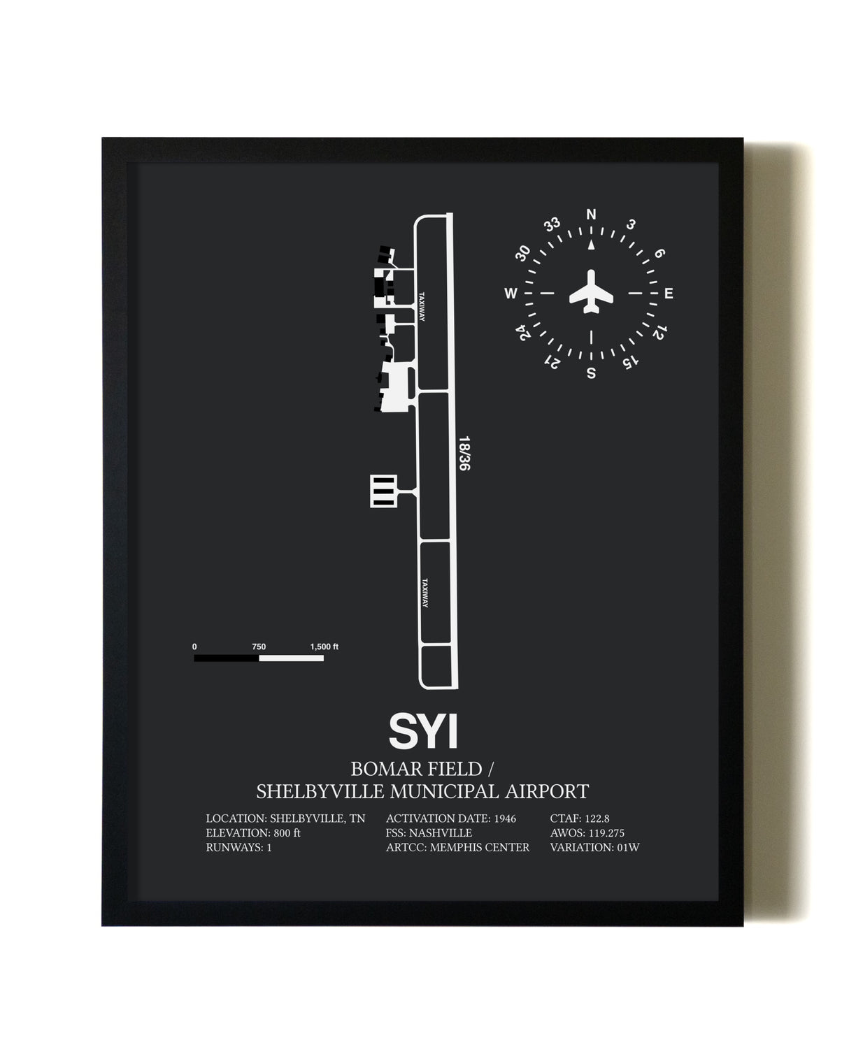 Unframed Bomar Field / Shelbyville Municipal Airport map print poster