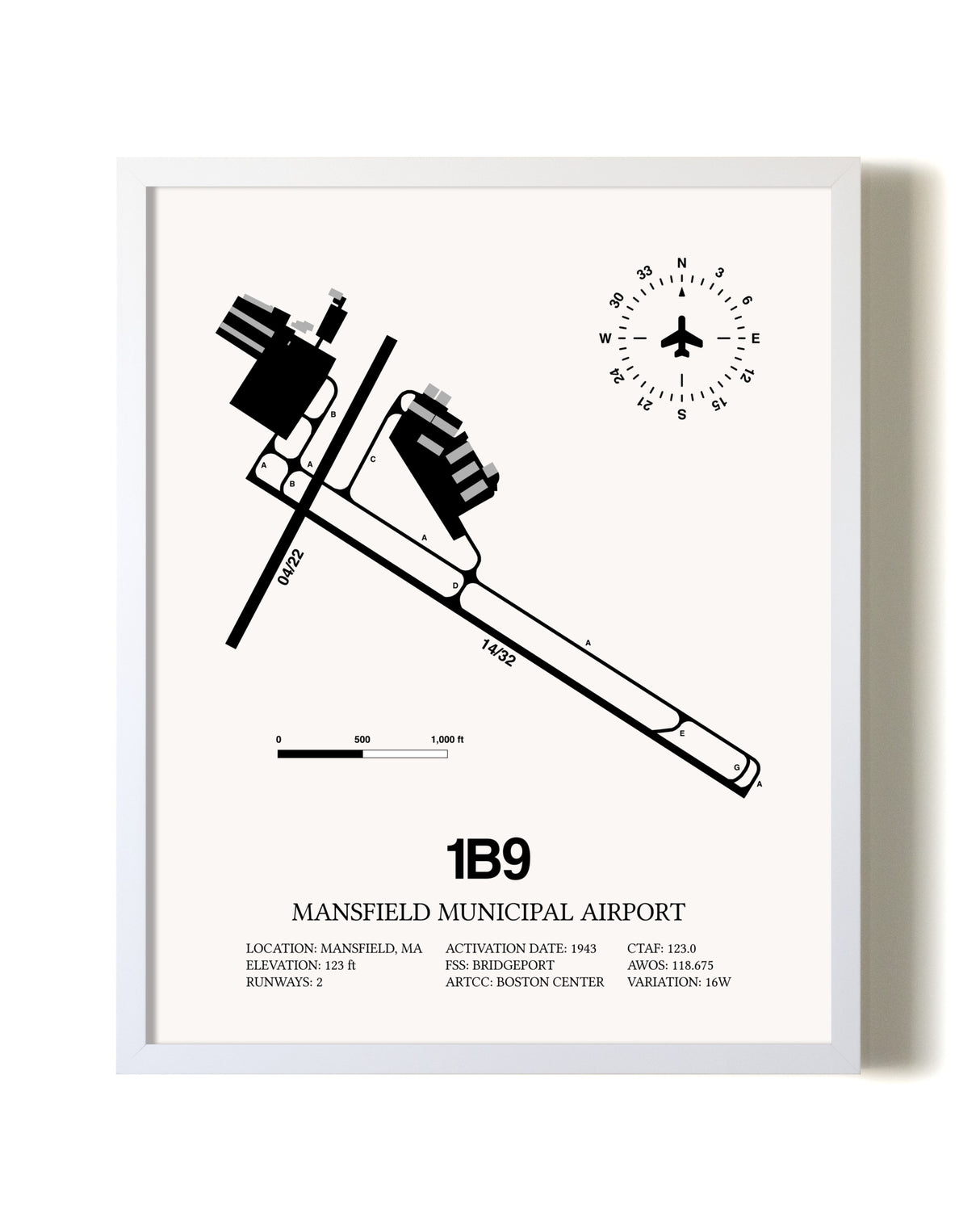 Mansfield Municipal Airport airport map poster in oak frame