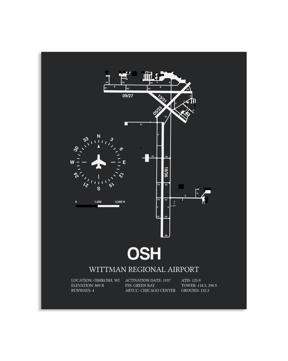 Gray Framed Wittman Regional Airport layout wall art poster
