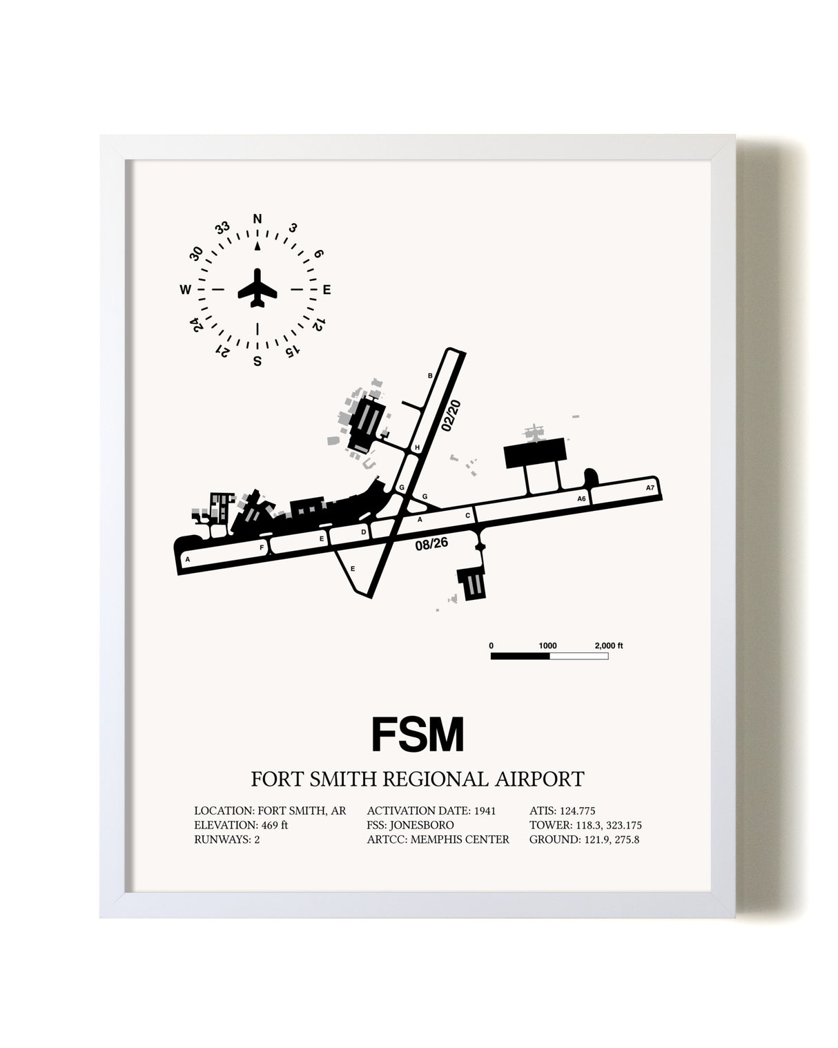 Fort Smith Regional Airport airport map poster in oak frame