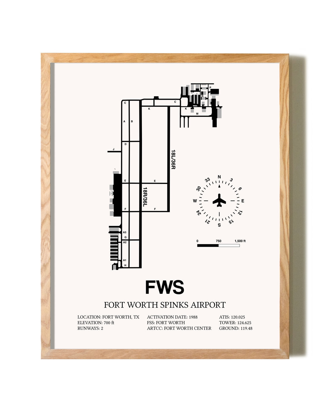 Fort Worth Spinks Airport framed print in natural wood frame