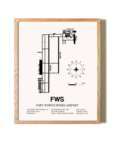 Fort Worth Spinks Airport framed print in natural wood frame